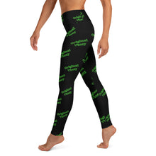Load image into Gallery viewer, Black yoga leggings with &#39;original vincy&#39; written in camouflage green letters.
