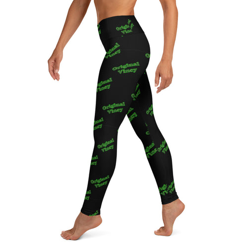 Black yoga leggings with 'original vincy' written in camouflage green letters.