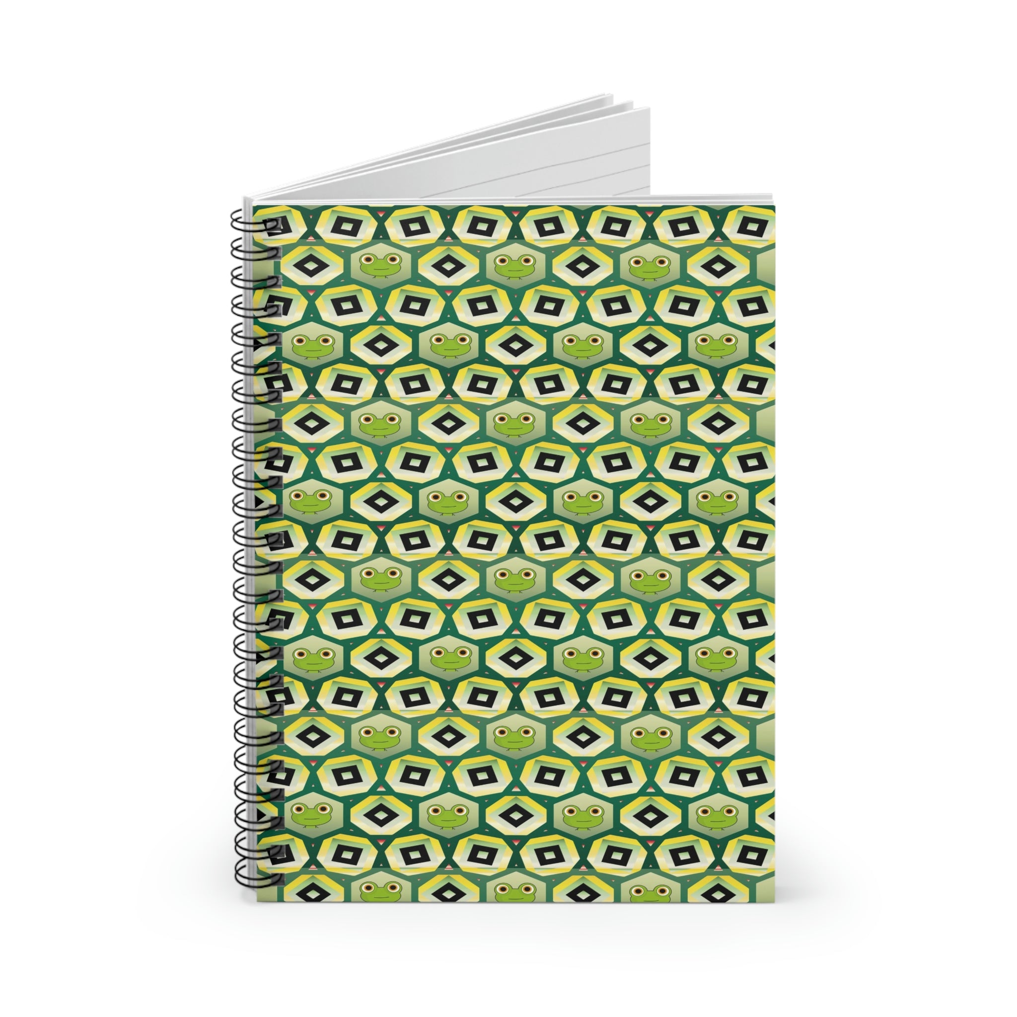 green spiral lined notebook with frogs peeping out.