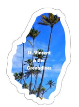 Load image into Gallery viewer, a die-cut waterproof vinyl sticker in the shape of mainland St. Vincent featuring a photograph of palm trees waving in the breeze in Canouan in St. Vincent and the Grenadines 
