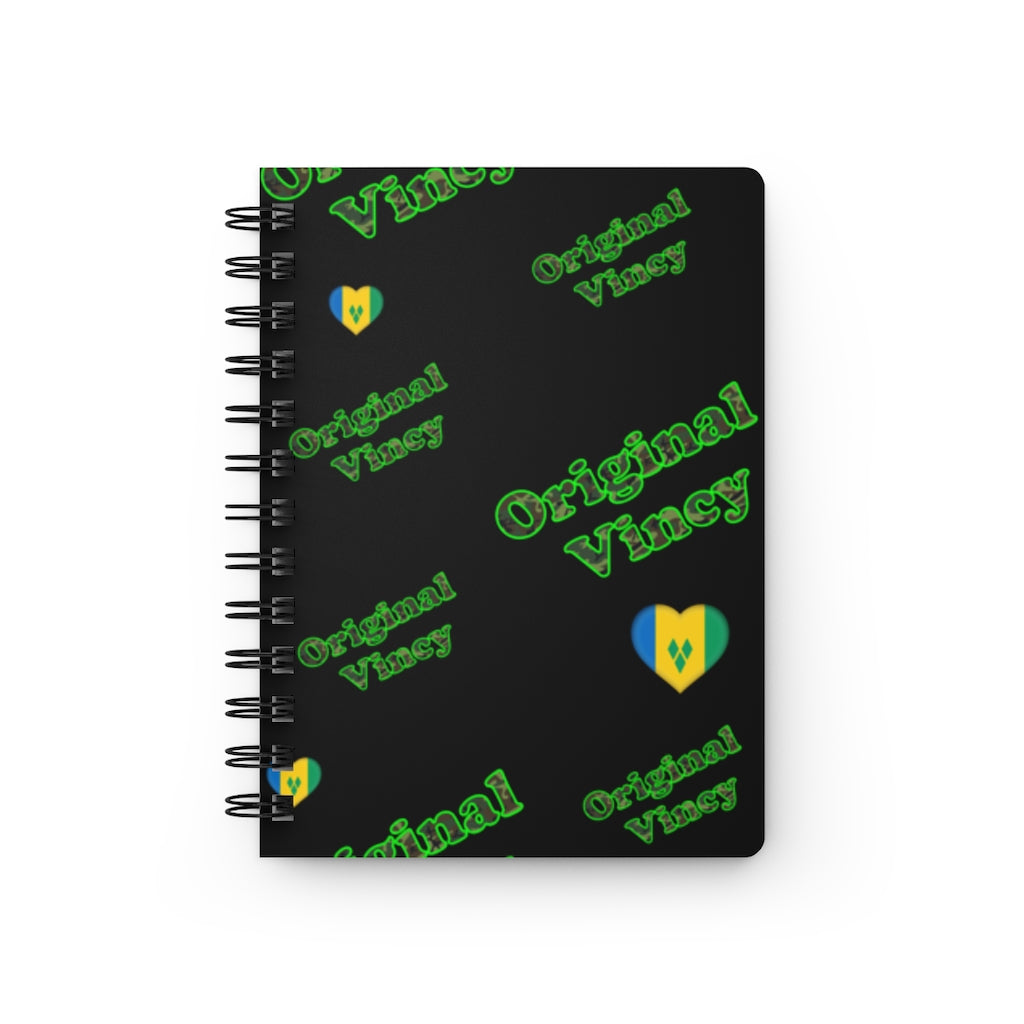 Black spiral notebook/journal with 'original vincy' written in camouflage green with hearts containing the St. Vincent and the Grenadines flag.