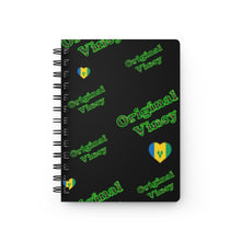 Load image into Gallery viewer, Black spiral notebook/journal with &#39;original vincy&#39; written in camouflage green with hearts containing the St. Vincent and the Grenadines flag.
