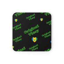 Load image into Gallery viewer, Black corkwood coaster set with &#39;Original Vincy&#39; pattern and hearts coloured with Vincy colours. 
