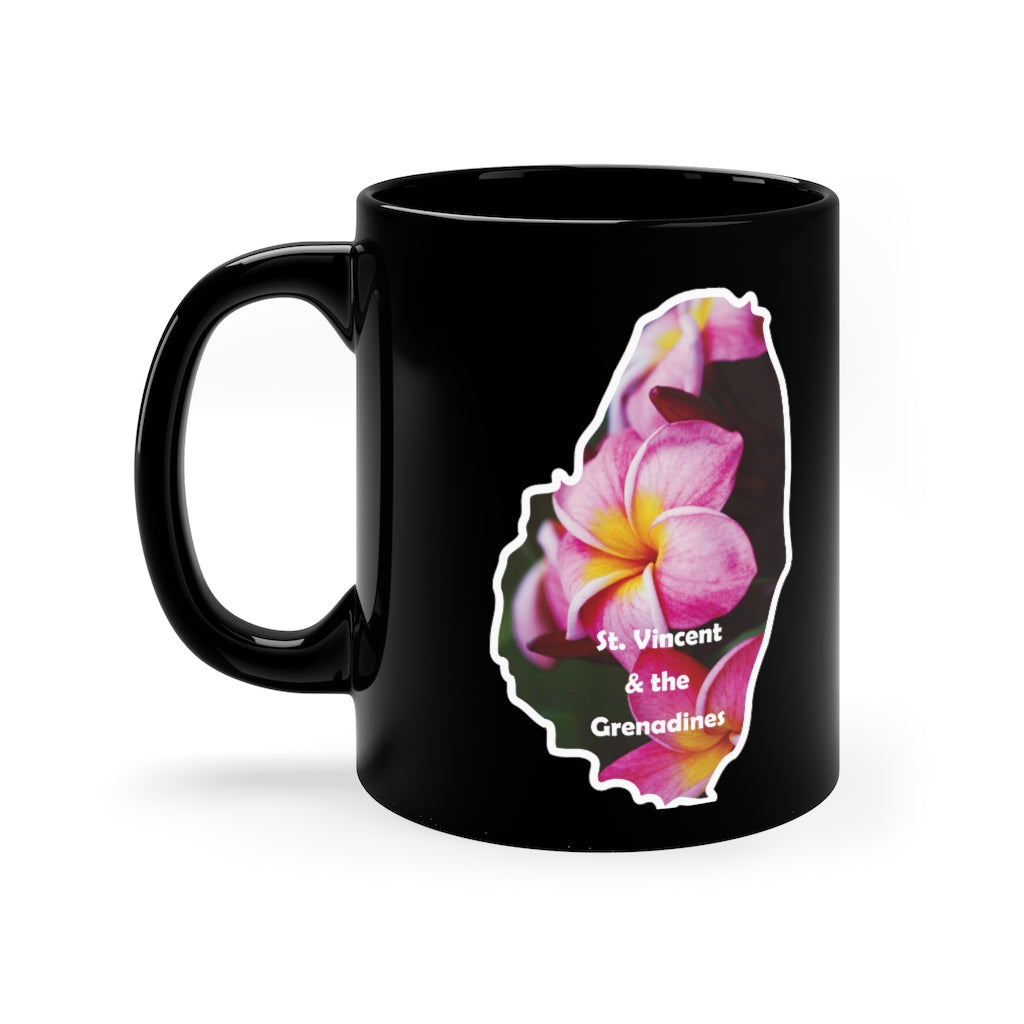 St. Vincent and the Grenadines 11oz Black Coffee Mug - Frangipani Flowers in SVG (R)