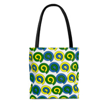 Load image into Gallery viewer, White tote bag with black handles and blue, yellow and green spirals
