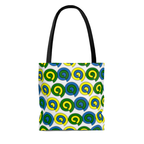 White tote bag with black handles and blue, yellow and green spirals
