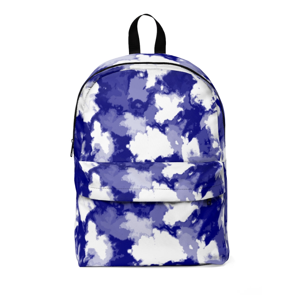 classic unisex backpack with shades of blue and white splotches resembling foamy sea water
