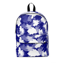 Load image into Gallery viewer, classic unisex backpack with shades of blue and white splotches resembling foamy sea water
