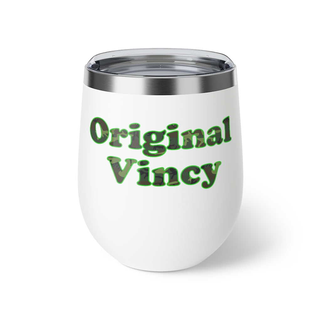 White copper vacuum insulated cup with 'original vincy' in camouflage green letters.