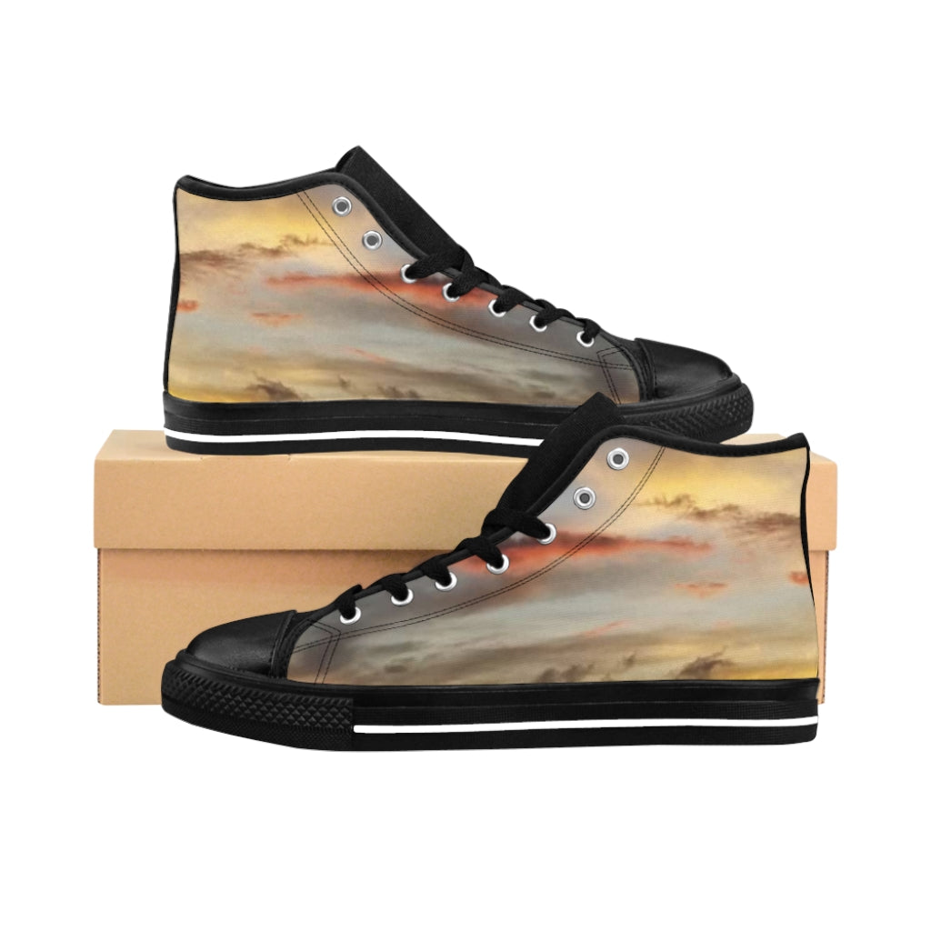 Women's high-top nylon canvas sneakers with custom sunset design.