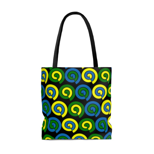 Black tote bag with black handles and blue, yellow and green spirals