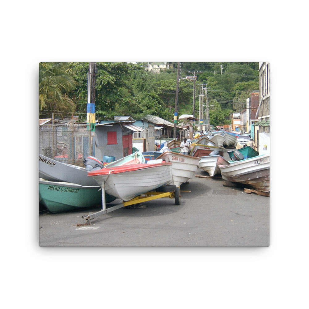 Canvas wall art showing how fishermen in Bottom Town St. Vincent and the Grenadines protect their boats from a storm