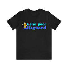 Load image into Gallery viewer, black t-shirt with the caption &#39;gene pool lifeguard&#39; and a friendly condom giving a thumbs up
