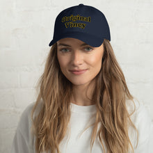 Load image into Gallery viewer, Navy dad hat with &#39;original vincy&#39; written in black and yellow letters.
