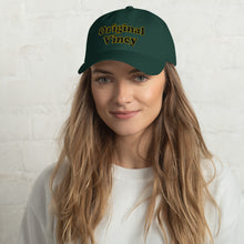 Load image into Gallery viewer, Spruce dad hat with &#39;original vincy&#39; written in black and yellow letters.
