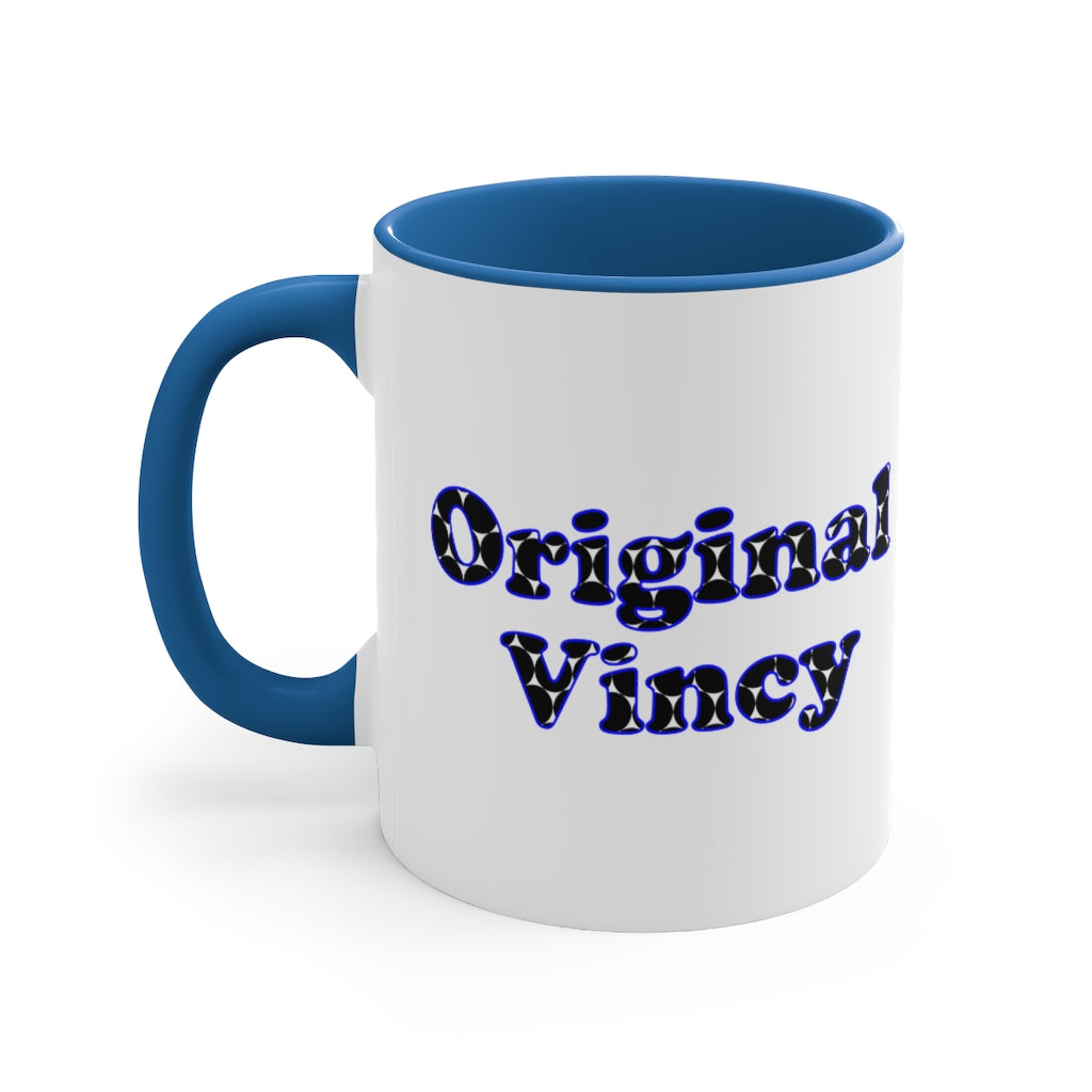 Ceramic coffee mug with blue on the handle and inside and 'original vincy' written in black and blue letters.