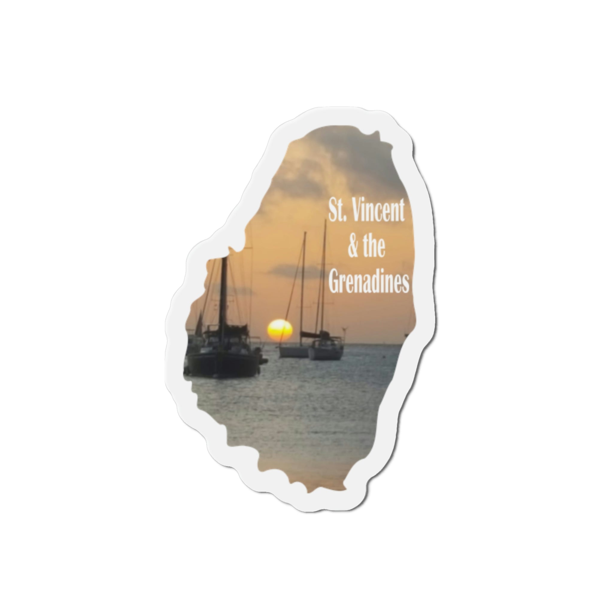 St. Vincent-shaped die-cut magnet featuring a picture of boats in Canash Bay