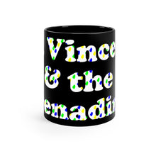 Load image into Gallery viewer, 11oz black coffee mug with the words St. Vincent and the Grenadines inlaid with little SVG maps 
