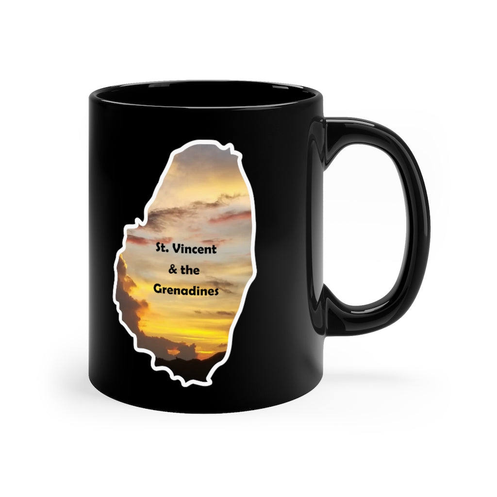 11 oz black coffee mug featuring a photograph of the sky at sunset in St. Vincent and the Grenadines