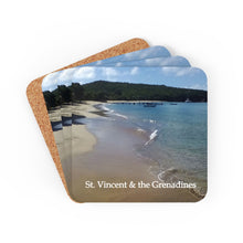 Load image into Gallery viewer, set of 4 corkwood coasters featuring a photograph  taken at the beach in St. Vincent and the Grenadines
