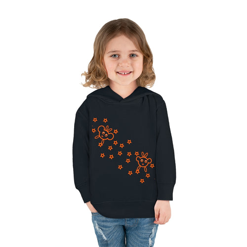 Black toddler pullover fleece hoodie featuring an orange star hoppers design