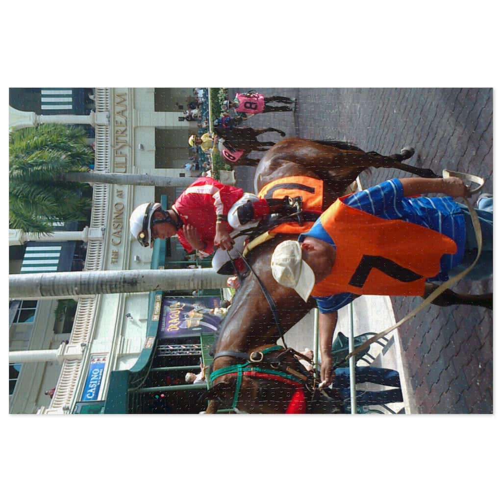 Jigsaw puzzle showing horse and jockey being led off to the races.