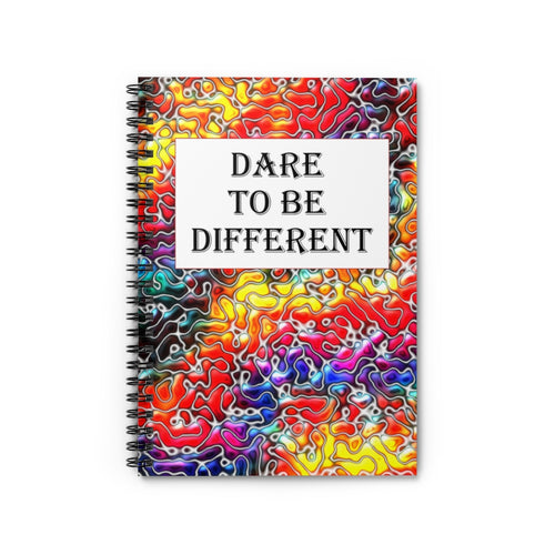multi colored spiral lined notebook with the caption ' dare to be different' in black letters on a white background