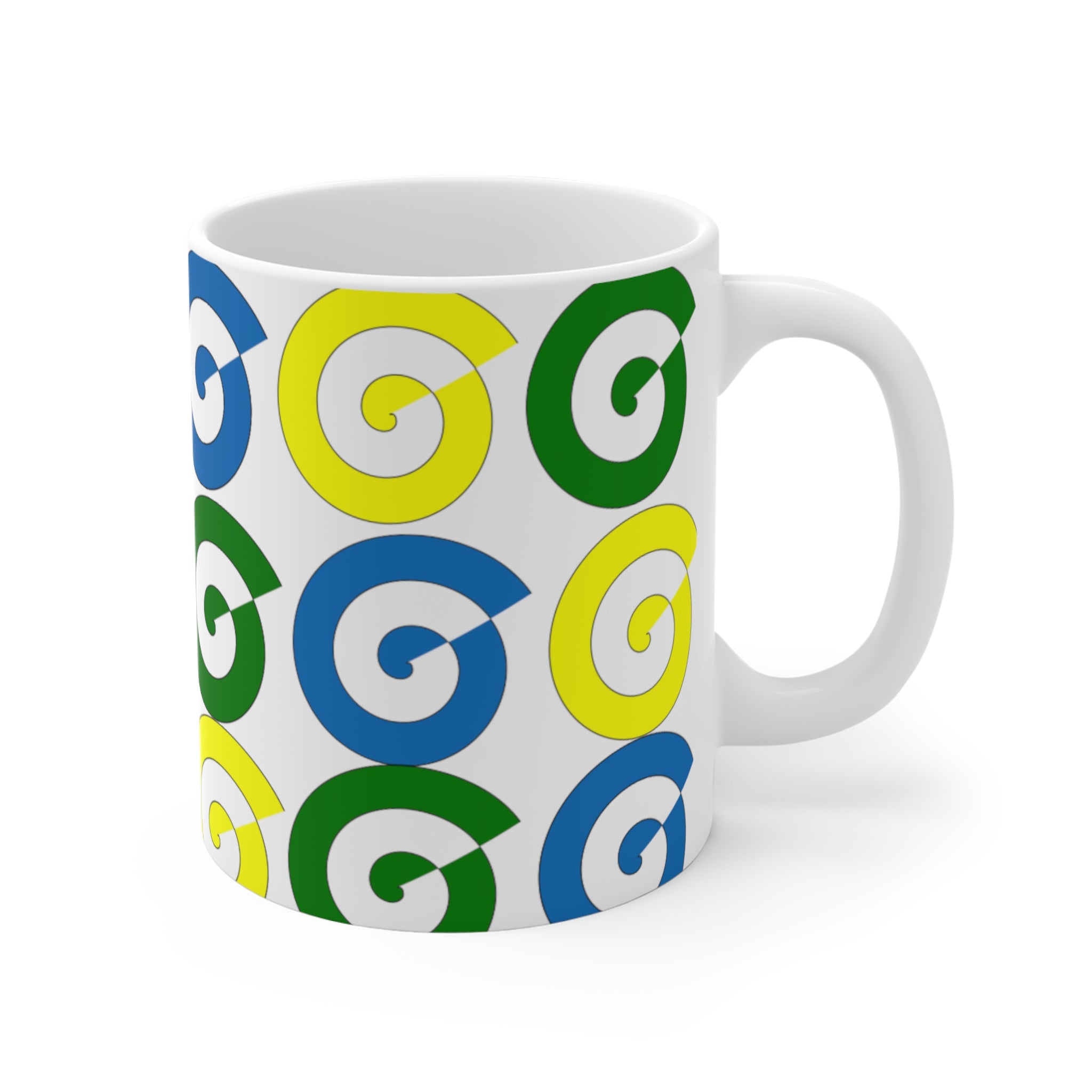 11 oz ceramic mug with a St. Vincent and the Grenadines independence colored spirals