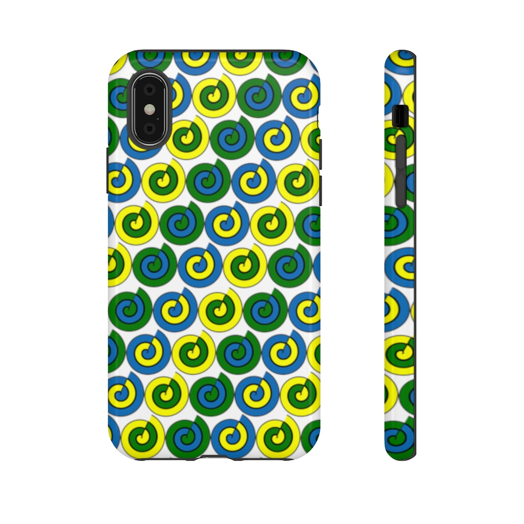 White, tough phone case with blue, yellow and green spirals.