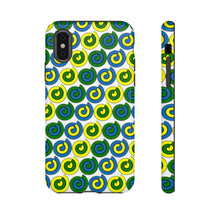 Load image into Gallery viewer, White, tough phone case with blue, yellow and green spirals.
