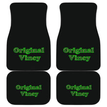 Load image into Gallery viewer, Front and back black car mats with original vincy written in green letters
