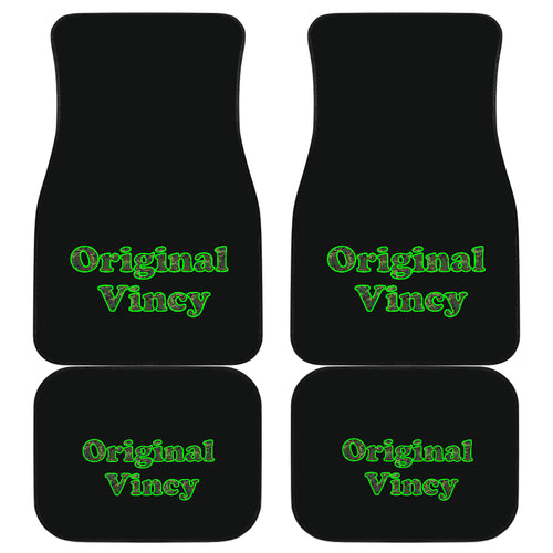 Front and back black car mats with original vincy written in green letters