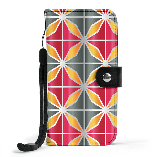Phone case with pink, grey and orange geometrical design.