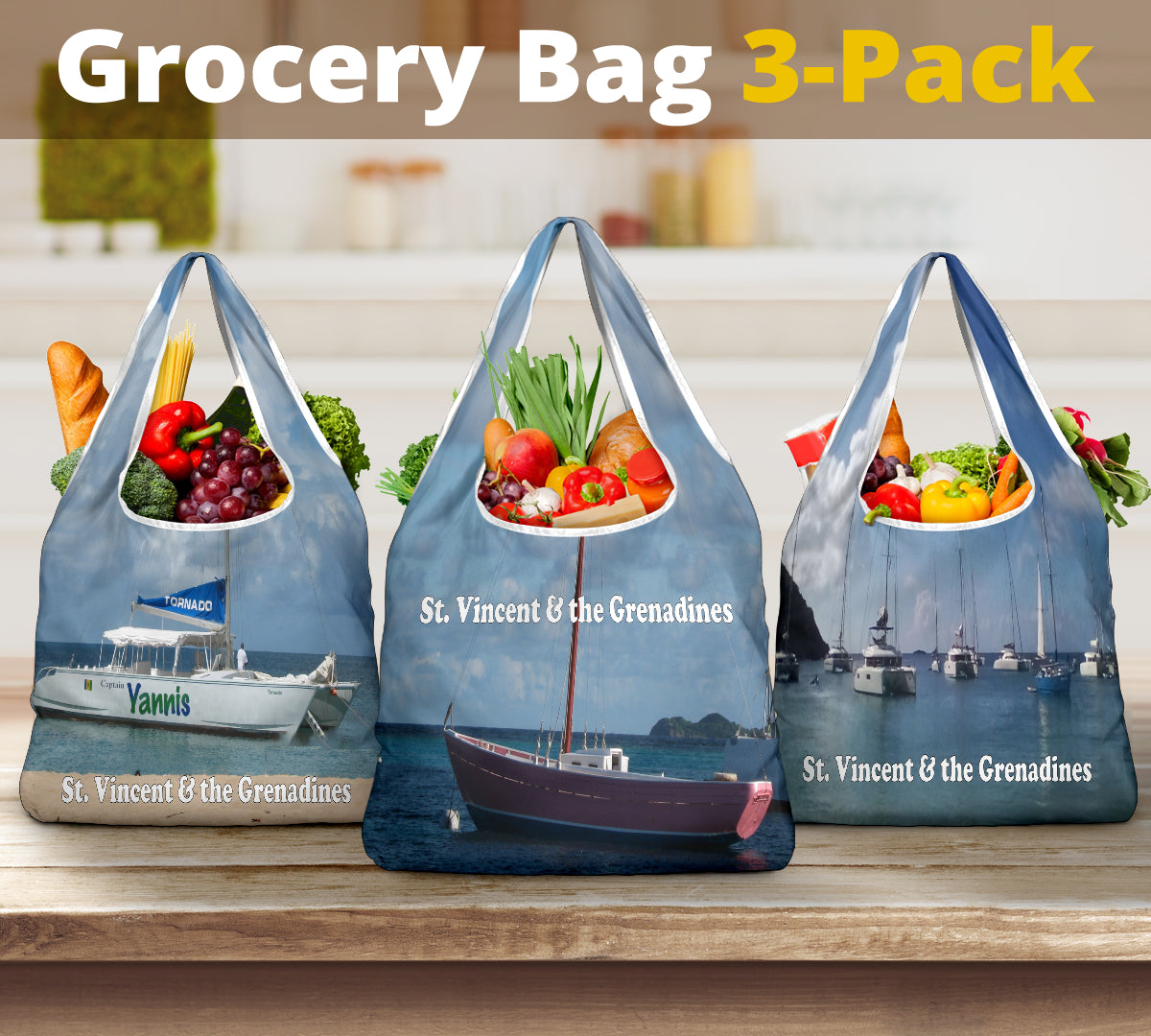 pack of 3 grocery bags featuring photographs of small water vessels docked in the waters of St. Vincent and the Grenadines