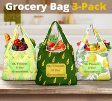 Load image into Gallery viewer, three pack of grocery bags with fruit designs and St. Vincent and the Grenadines lettered in a patch
