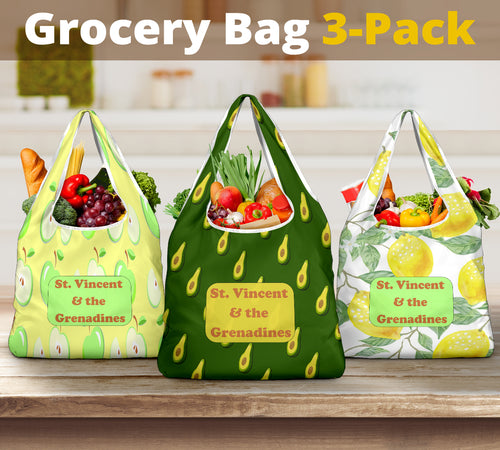 three pack of grocery bags with fruit designs and St. Vincent and the Grenadines lettered in a patch