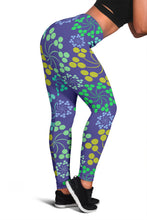 Load image into Gallery viewer, women&#39;s leggings featuring a blue bubble floral design

