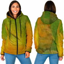 Load image into Gallery viewer, woman&#39;s padded hooded jacket with parrot feather inspired colour pattern
