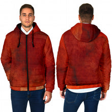 Load image into Gallery viewer, Men&#39;s padded hooded jacket with an autumn fire design
