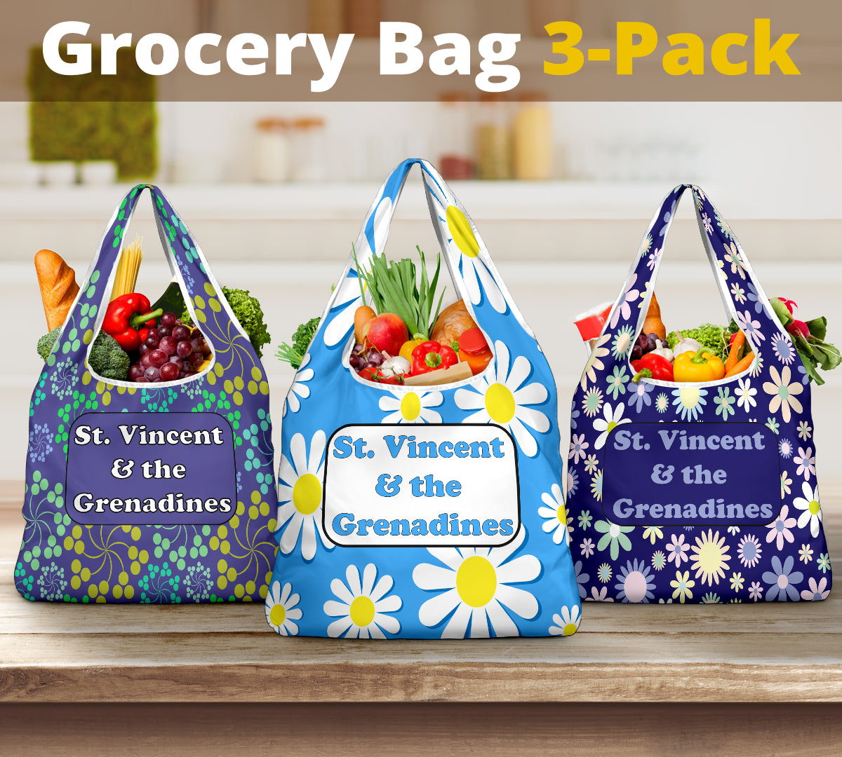 3 pack of reusable cloth St. Vincent and the Grenadines grocery bags with floral designs 