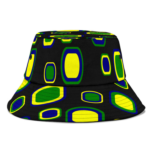 black bucket hat with vincy-coloured cubes.
