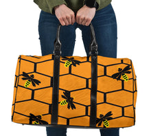 Load image into Gallery viewer, honey colored travel bag with honeycomb and bees design
