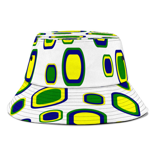 white bucket hat sporting vincy coloured cubes