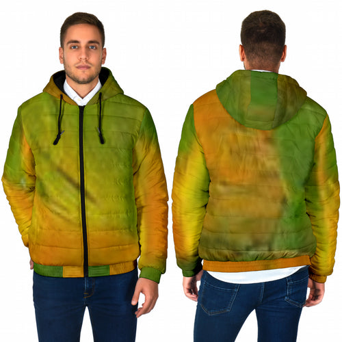 men's padded hooded jacket with parrot feather inspired colour pattern
