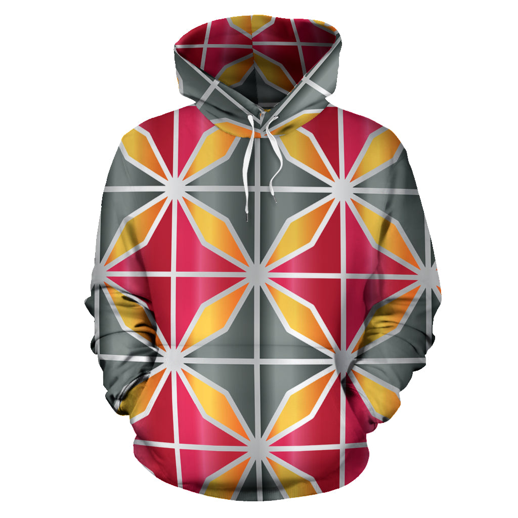 grey hoodie with a pink, orange and white design
