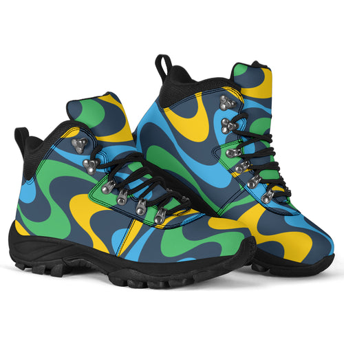 alpine boots decorated with St. Vincent and the Grenadines national coloured wavy lines