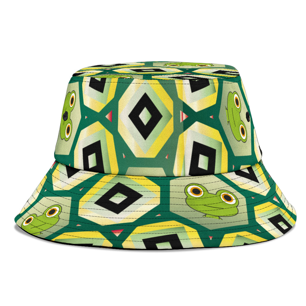 green bucket hat with geometric designs and frogs peeping out