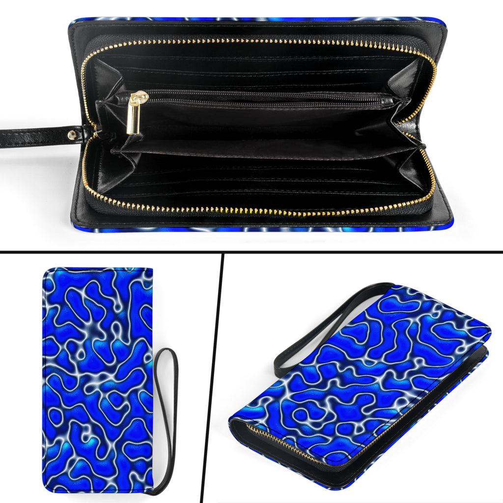 clutch purse decorated with an blue marble design