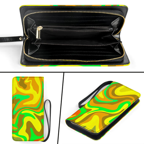 clutch purse with a brown, yellow and green swirl pattern.