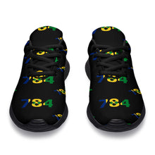 Load image into Gallery viewer, black unisex sports sneakers with the St. Vincent and the Grenadines area code 784 written in blue, yellow and green
